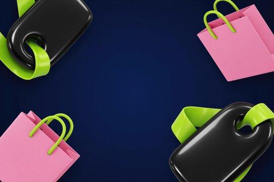 Colorful shopping bags with vibrant ribbons against dark background, festive vibe