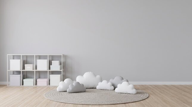 Minimalist children's room interior featuring fluffy cloud-shaped pillows on a round rug, a white cube storage shelf with pastel boxes