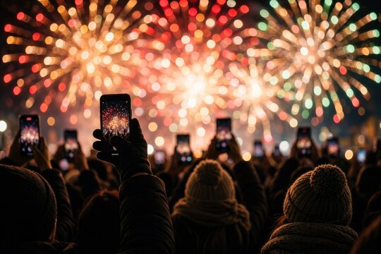 Crowd holding up smartphones to record colorful fireworks show