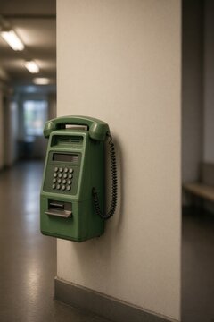 Vintage green public telephone mounted on wall in quiet corridor