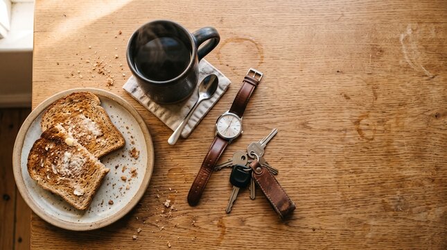 Morning coffee and toast with keys and watch on a wooden table