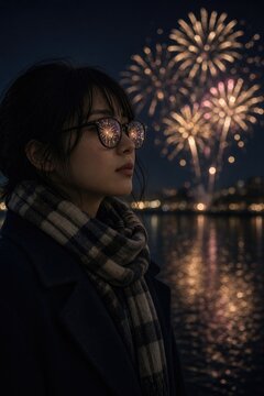 Woman in glasses and plaid scarf watching fireworks over river at night
