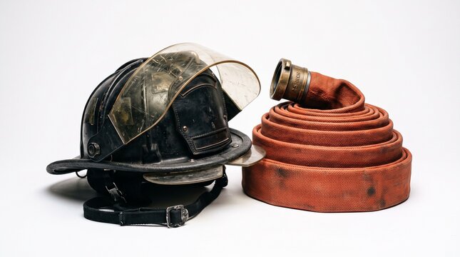 Vintage Firefighter Helmet and Rolled Hose on White Background