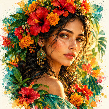 Beautiful woman with floral crown and gold jewelry.