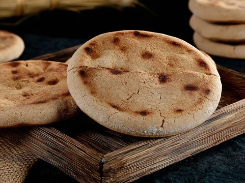 Close up of freshly baked, rustic flatbreads with golden-brown crust, served on a wooden tray for a wholesome meal