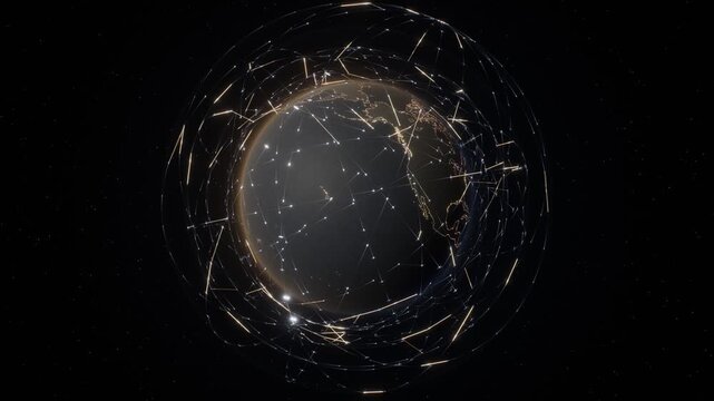 Hundreds of Tiny Flat Panel Satellites in Layered Orbital Shells Around Matte Charcoal Globe with Gold Coastline Dots and Flickering Laser Links