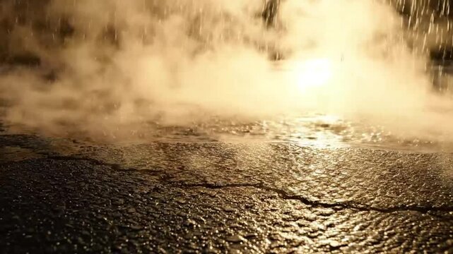 Steam rising from hot asphalt as rain falls on a sunny afternoon