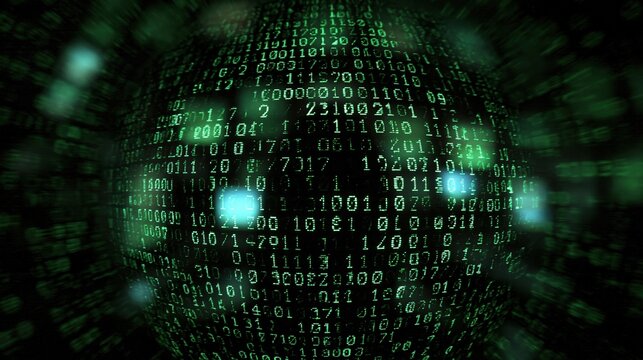 Abstract digital globe with glowing green binary code data streams and blurred background