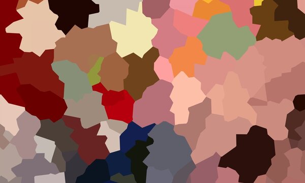 An abstract mosaic composed of irregular polygon shapes in warm earth tones, muted pink, beige, brown, and blue, creating a colorful geometric background.