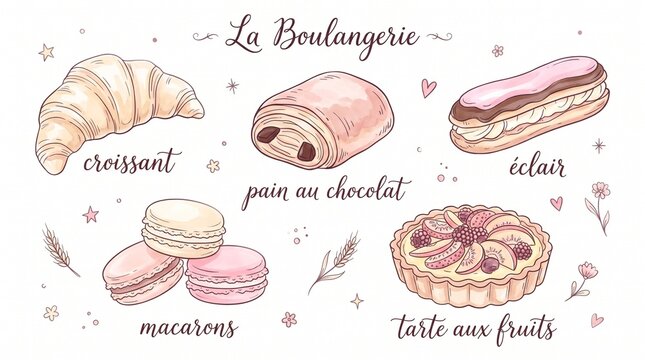 French bakery watercolor illustrations, hand-drawn croissant and pain au chocolat set, pastel pink macarons and fruit tart for cafe branding