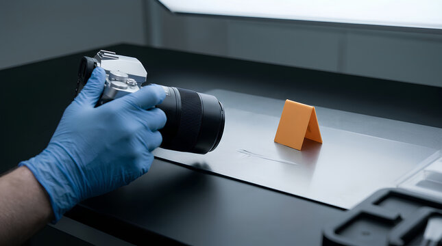 Close-up of a scientific researcher?s gloved hand holding a digital camera capturing an object on a lab table with a small