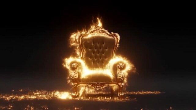 Golden ornate throne chair engulfed in glowing flames on dark background