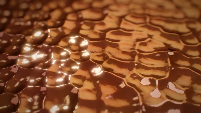 Extreme macro of hammered copper surface with smooth dimples and soft light