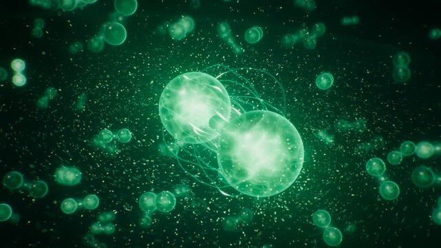 H2 Hydrogen Molecules Glowing With Green Energy 3D Glass Atoms Plasma Cores Energy Field Lines And Particles Seamless Loop 4K