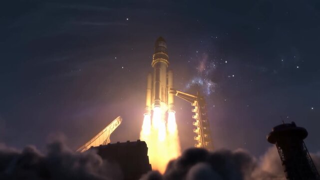 Large rocket with glowing engines on launch pad at night under starry sky, ready for liftoff