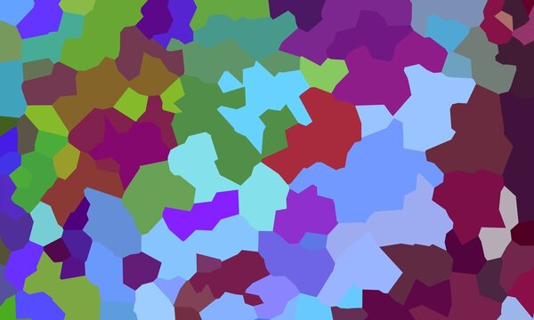 Bright irregular polygon shapes in green, purple, cyan, pink, yellow, and blue form a lively abstract mosaic with a bold, colorful composition.