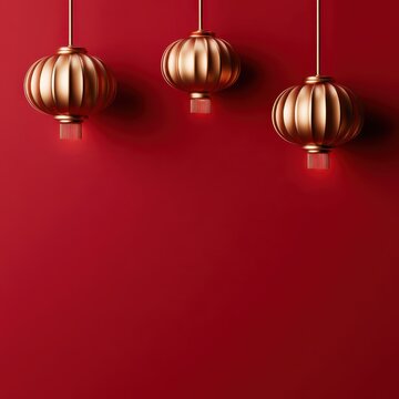 Chinese New Year Decoration with Hanging Golden Lanterns on Red Background and Copy Space Photo.