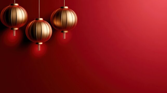 Chinese New Year Decoration with Hanging Golden Lanterns on Red Background and Copy Space Photo.