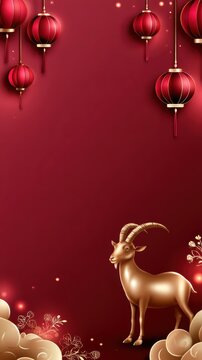 Chinese New Year with Cartoon Goat, Hanging Lantern and Clouds Illustration on Red Copy Space.