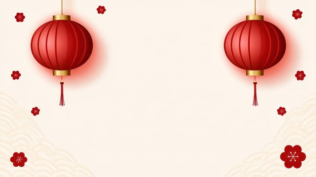 Chinese New year Background with Hanging Red Lanterns, Sakura Flower and Copy Space.