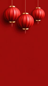 Chinese New Year Decoration with Hanging Lanterns on Red Background and Copy Space.