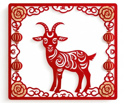 Chinese New Year Background with Hanging Lantern, Goat and Clouds and Flower Illustration in Red and Golden Color.