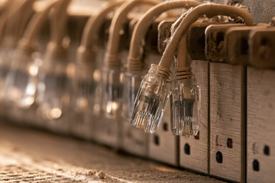 Abandoned server room rack displays unplugged vintage Ethernet cable with dusty connector and soft morning sunlight across obsolete network equipment, evoking technological decline and quiet