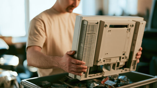 Technician lifting empty beige monitor chassis onto sorting cart in bright recycling workshop, supporting zero waste technology recovery with careful hands and focused posture