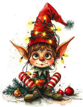 cute christmas elf tall red hat glowing string lights pointed ears striped tights fir branches baubles white background watercolor style character illustration photography