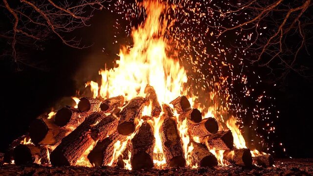 Large bonfire burning stacked logs beneath bare tree branches at night. Flames rise and sparks fly. Outdoor fire, warmth and gathering concept. Wood fuel, winter celebration.