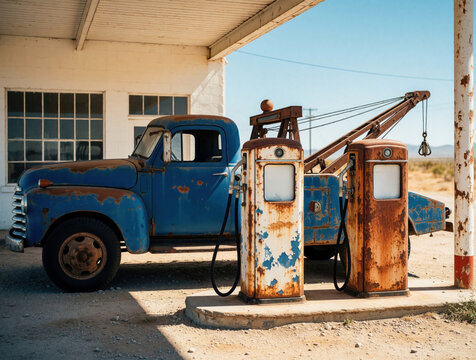 Antique blue tow truck parked at old abandoned gas station. Rusty vintage vehicle stands near weathered fuel pumps under desert sun. Classic retro pickup truck with crane mechanism rests by rustic