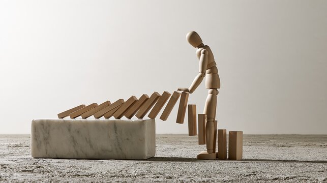 Wooden mannequin stopping falling dominoes, symbolizing risk management and crisis prevention strategy