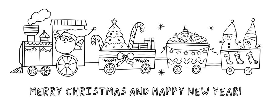 Merry Christmas and Happy Holidays coloring page. Cute cartoon Christmas in doodle style. Printable Christmas coloring book
