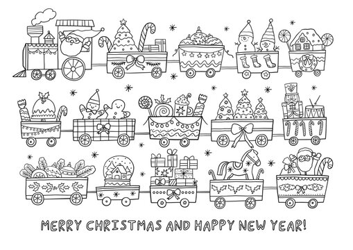 Merry Christmas and Happy Holidays coloring page. Cute cartoon Christmas in doodle style. Printable Christmas coloring book
