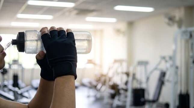 Athlete wearing gym gloves holding a water bottle and drinking after a hard workout session.