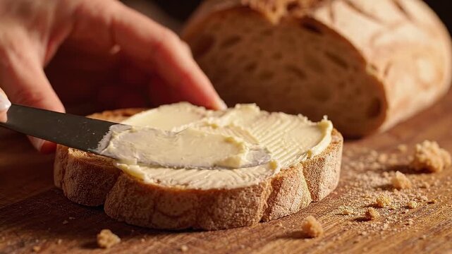 Hand spreading butter on slice of bread. Preparing a simple bread snack. Food preparation, home cooking and breakfast concept. Close-up culinary process.