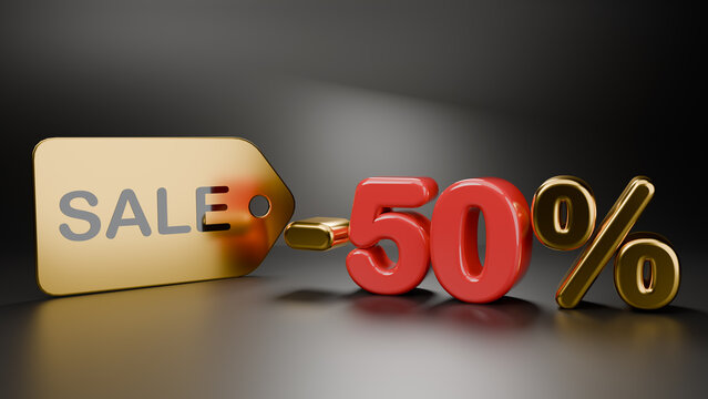 3D render of golden sale tag with red minus 50 percent discount text on dark background, retail promotion concept