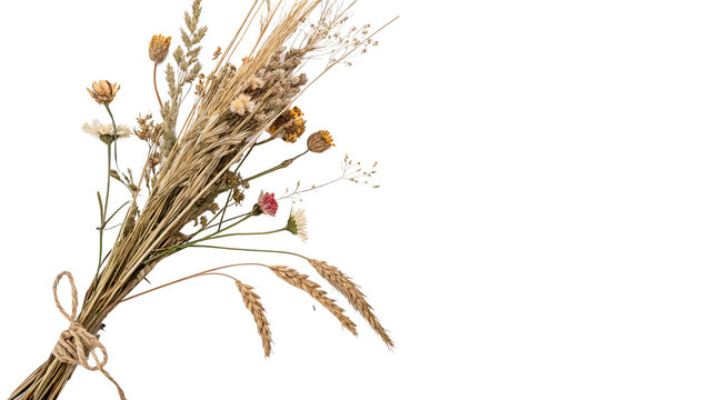Beautiful bouquet of natural dry wildflowers wheat grass and botanical stalks isolated on transparent background.