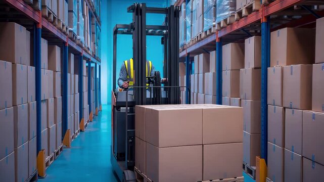 Warehouse operator driving forklift to transport cardboard boxes on pallet. Logistics and distribution center operations. Tracking shot with panning movement.
