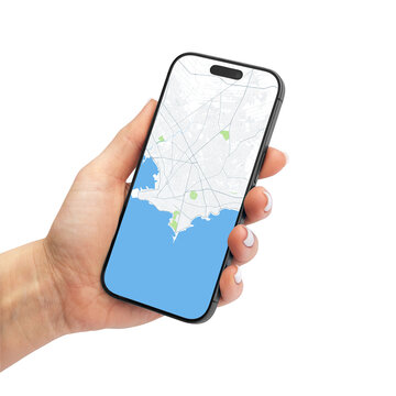 Hand holding smartphone with map of Montevideo