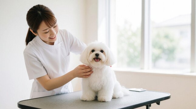 Japanese female vet groomer smiles working with cute white maltese dog. Professional pet stylist provides hygiene care at veterinary clinic. Young woman pets small puppy on grooming table in bright