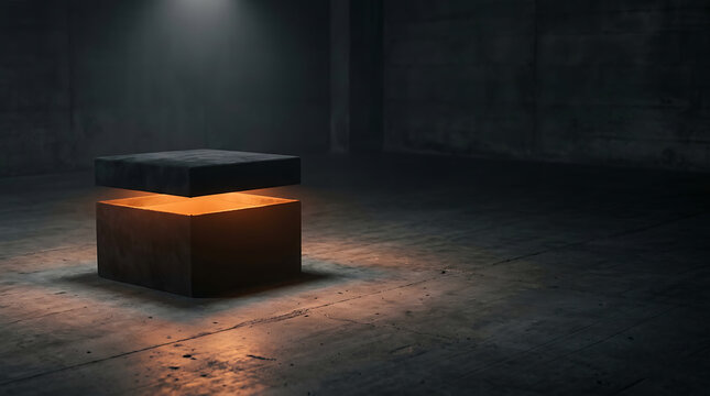 A mysterious dark cube with a glowing orange interior levitating in a dimly lit industrial concrete room