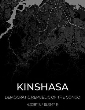 Black poster featuring a black and white map of Kinshasa, Democratic Republic of the Congo, with streets, districts and road network.