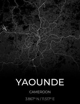 Black poster featuring a black and white map of Yaounde, Cameroon, with streets, districts and road network.