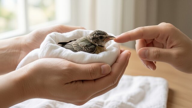 Animal - Person holding a small baby bird in a white cloth nest with another finger pointing