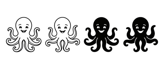 Cute octopus characters with different skin tones. Playful cephalopod faces in black and white. Octopus, smiling octopus, black octopus, white octopus. Minimalist vector illustration. © ocmtvpjsn.pro
