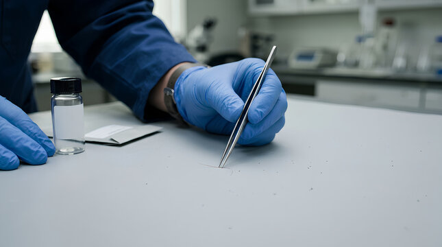 Precision laboratory scientist handling sample testing with tweezers and test tubes in a modern medical lab setting