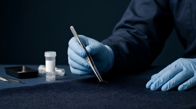 Detailed laboratory workspace with technician wearing blue gloves handling a silver pen for scientific documentation and sample