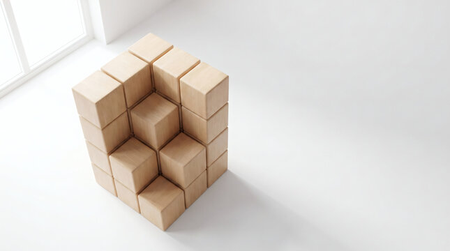 Wooden cubes stacked in a minimalist white room with negative space