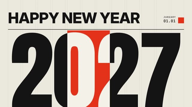 Happy New Year 2027 bold grid typography animation with red block